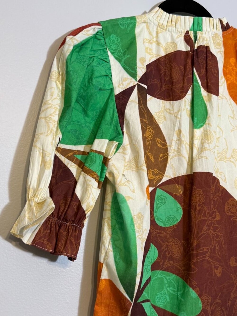 Abstract Cotton Blouse XS Puff Sleeve Boho Artsy Top - Picture 6 of 10